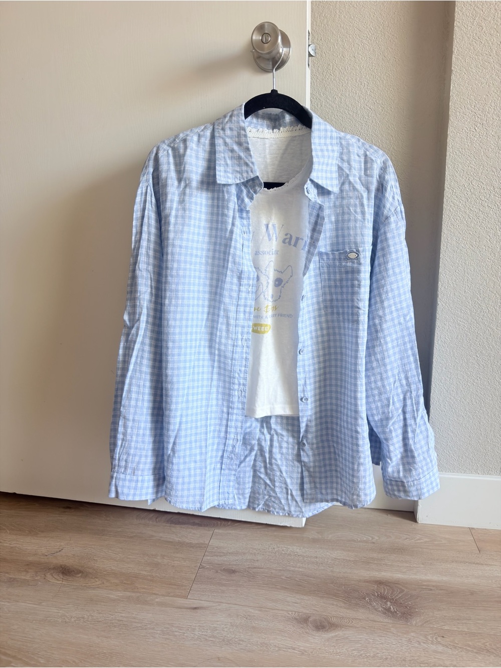 Set of Korean Light Blue Gingham Button-Up Shirt and Vest top